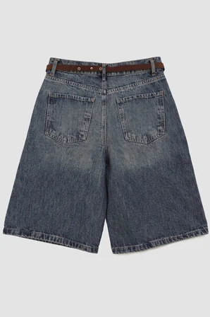 Kadın İndigo Beli Kemerli Bermuda Jean Şort