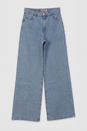 Kadın Açık Mavi Modest Wide Leg Taşlı Jean Pantolon