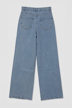 Kadın Açık Mavi Modest Wide Leg Taşlı Jean Pantolon