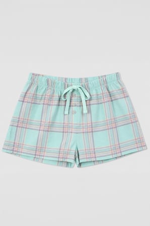 Kadın %100 Pamuk Ekose Desenli Bağcıklı Turkuaz Pijama Şort