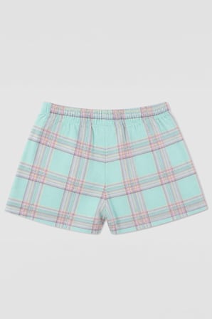 Kadın %100 Pamuk Ekose Desenli Bağcıklı Turkuaz Pijama Şort