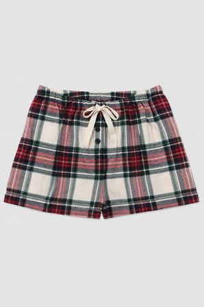 Kadın %100 Pamuk Ekose Desenli Bağcıklı Ekru Pijama Şort