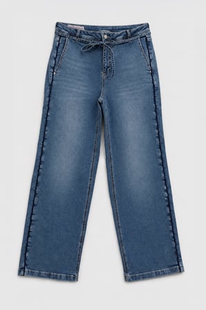 Kadın Yüksek Bel Kemerli Wide Leg Mavi Jean Pantolon