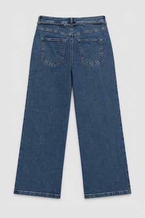 Kadın Yüksek Bel Kemerli Wide Leg Mavi Jean Pantolon