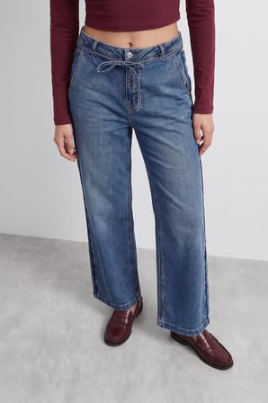 Kadın Yüksek Bel Kemerli Wide Leg Mavi Jean Pantolon