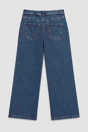 Kadın Yüksek Bel Kemerli Wide Leg Mavi Jean Pantolon
