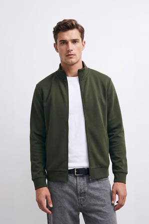 Markapia Man Erkek Haki Dik Yaka Fermuarlı İçi Polarlı Sweatshirt