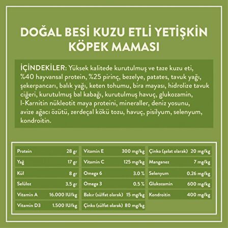 Doğal Besi Kuzu Etli Yetişkin Köpek Maması 15 Kg