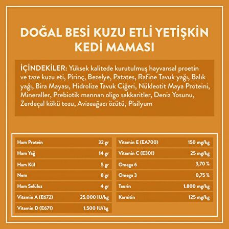 Doğal Besi Kuzu Etli Yetişkin Kedi Maması 2 Kg