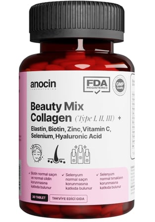 Anocin Beauty Mix Collagen Tip I-II-III Elastin Biotin Zinc Selenyum Hyaluronic Kolajen 30 Tablet