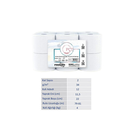 PÇT - Mini İçten Çekmeli Tuvalet Kağıdı - 2Ply - 4 Kg/12 Rulo