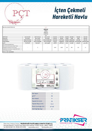 PÇT - İçten Çekmeli Hareketli Havlu - 2Ply - 4 Kg/6 Rulo