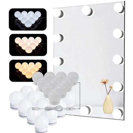 BUFFER® Nostalji Hollywood Tarzı 10'lu Makyaj Masası Aynası 3 Fonksiyonlu Beyaz Led Işıklı