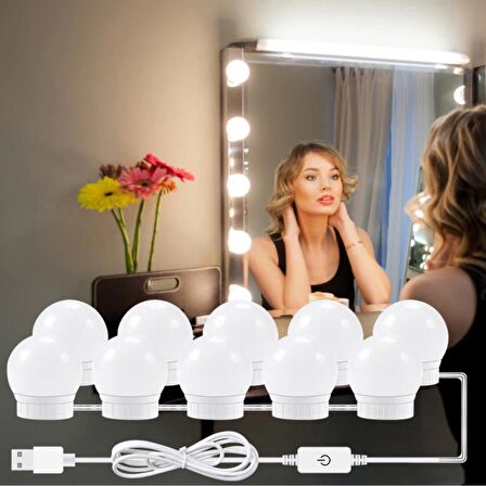 BUFFER® Nostalji Hollywood Tarzı 10'lu Makyaj Masası Aynası 3 Fonksiyonlu Beyaz Led Işıklı