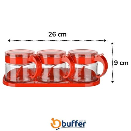 BUFFER®  Kırmızı 3'lü Standlı Kapaklı Kaşıklı Cam Hava Sızdırmaz Baharatlık Takımı  KC-386