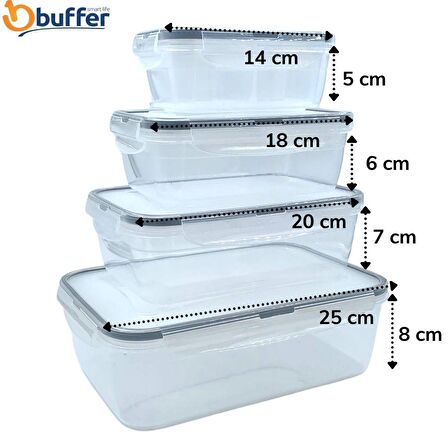 BUFFER® 4'lü İç İçe Sızdırmaz Contalı Kilitli Kapaklı Plastik Erzak Saklama Kapları LC315