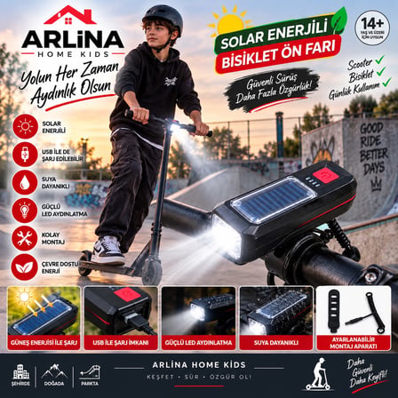 Solar Enerjili Bisiklet İsigi On Fari Bisiklet Kornasi Su Gecirmez Gunes Enerjili Usb Sarjli Fener