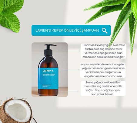 Lapien's Antidandruf Kepek Önleyici Arındırıcı Şampuan 500ml Hindistan Cevizi,aloevera Özü, Naneyağı Mentolü