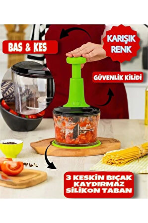 Rondom Çelik 3 Bıçaklı Pratik Basmalı El Rondosu Doğrayıcı Büyük Boy