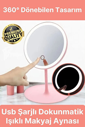 Işıklı Dokunmatik Makyaj Aynası Pembe & Beyaz 3 Kademeli Işık Ayarı 360° 10669