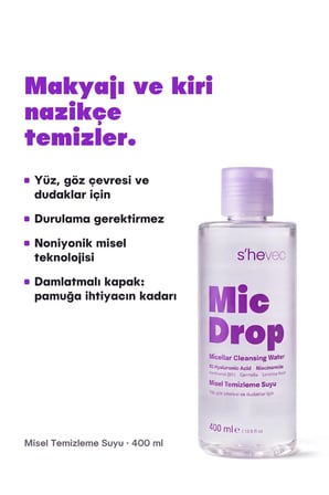 Mic Drop Misel Temizleme Suyu 400 ml - Makyaj Temizleyici Misel Su, Yüz, Göz Çevresi ve Dudaklar