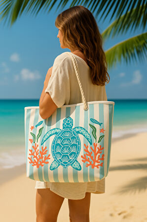 Caretta Caretta Desenli Büyük Boy Piknik ve Plaj Çantası –  Halat Saplı – 55x36x15 cm