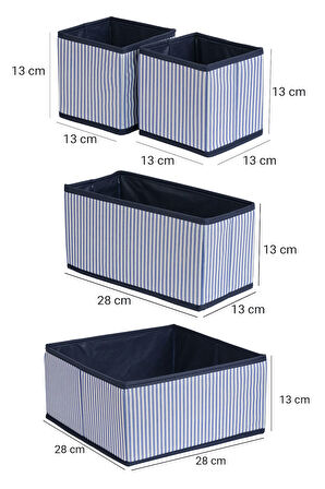 4'lü Lacivert Çizgili Dolap-çekmece Içi Organizer Seti 28x28x13 (X1) / 28x13x13 (X1) / 13x13x13 (X2)