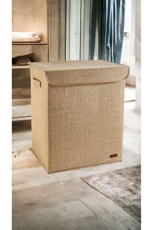 Jüt Kumaş Kapaklı Katlanabilir Çocuk Odası Oyuncak ve Kirli Çamaşır Saklama Kutusu 40x50x30 cm