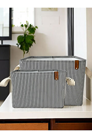 Siyah Çizgili Çok Amaçlı Dolap Içi Oyuncak Saklama Kutusu Sepeti Organizer 2'li 18x22x30 / 37x27x25