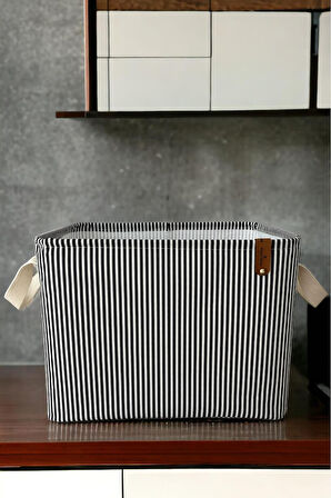 Siyah Çizgili Çok Amaçlı Dolap Içi Oyuncak Saklama Kutusu Sepeti Organizer 2'li 18x22x30 / 37x27x25