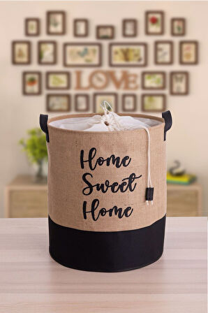 Jüt Home Sweet Home Baskılı Altı Garnili Çamaşı Oyuncak Saklama Sepeti Seti 37x40-37x27x25-30x20x18