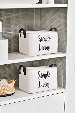 Beyaz Simple Living Baskılı Küçük Boy 2'li Düzenleyici Saklama Sepeti Set 25x15x18