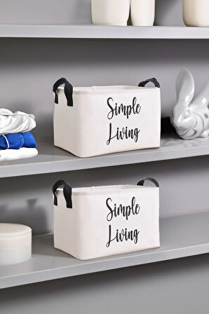 Beyaz Simple Living Baskılı Orta Boy 2'li Düzenleyici Saklama Sepeti Set 30x22x18