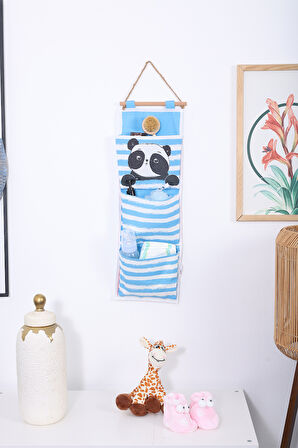 Panda Baskılı 3 Cepli Çok Amaçlı Askılı Duvar Tipi Dolap Içi Banyo Mutfak Düzenleyici Organizer 20 x 60
