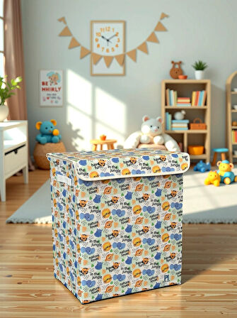Jungle Desen Büyük Boy Kapaklı Kirli Çamaşır Oyuncak Düzenleyici Saklama Kutusu Sepeti 40x50x30