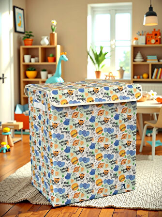 Jungle Desen Büyük Boy Kapaklı Kirli Çamaşır Oyuncak Düzenleyici Saklama Kutusu Sepeti 40x50x30