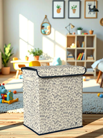 Vehicle Büyük Boy Kapaklı Kirli Çamaşır Oyuncak Düzenleyici Saklama Kutusu Sepeti 40x50x30