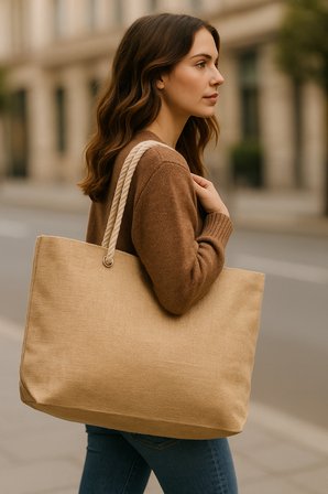 Halat Saplı Büyük Boy Günlük Jüt Çanta - Hafif Modern Dayanıklı Totebag 55x36x15 cm