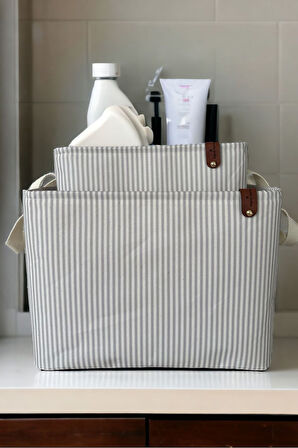 Gri Çizgili Çok Amaçlı Dolap İçi Oyuncak  Saklama Kutusu Sepeti Organizer 2'li 18x22x30-37x27x25