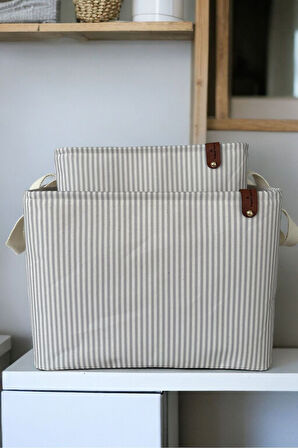 Gri Çizgili Çok Amaçlı Dolap İçi Oyuncak  Saklama Kutusu Sepeti Organizer 2'li 18x22x30-37x27x25