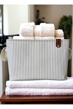 Gri Çizgili Çok Amaçlı Dolap İçi Oyuncak  Saklama Kutusu Sepeti Organizer 2'li 18x22x30-37x27x25