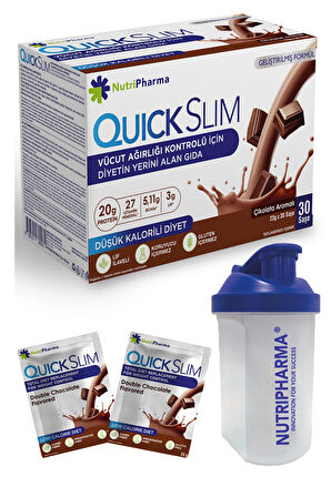 Quick Slim Yüksek Proteinli Öğün Tozu, 30 Öğün Shake + 1 Protein Shaker, Çİkolata Aromalı