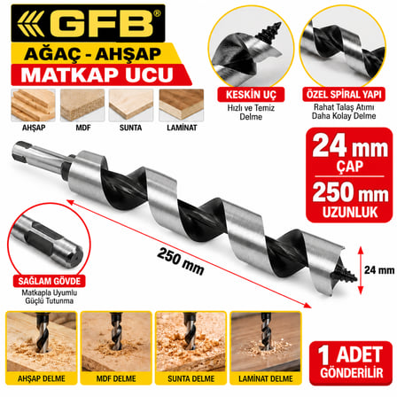 GFB Ağaç Ahşap Matkap Ucu Delme Ucu 24 X 250 MM 1 Adet