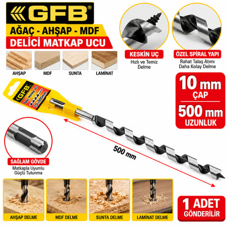 Ağaç Ahşap Mdf Delici Matkap Ucu 10 x 500 mm 1 Adet Gönderilir