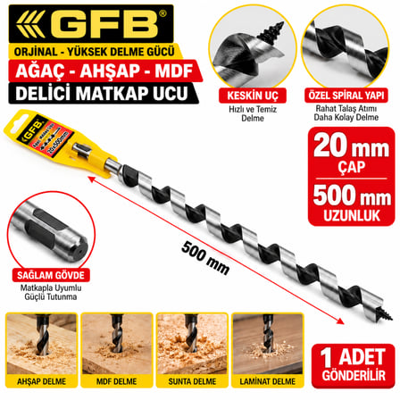GFB Orjinal Yüksek Delme Gücü 20X500 Ağaç Ahşap Matkap Ucu Delici 