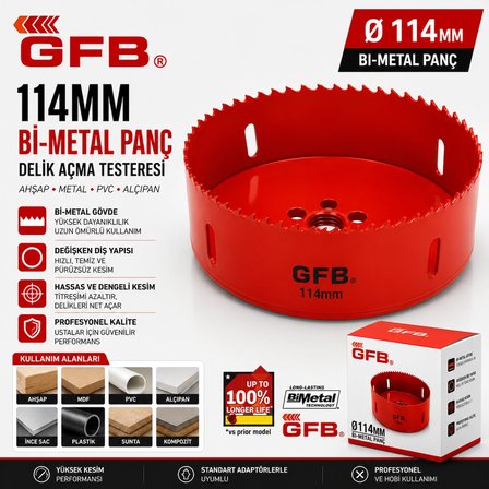 GFB 114 mm Bi-Metal Panç Delik Açma Testeresi Ahşap Metal PVC Alçıpan