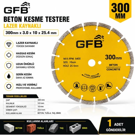 Beton Kesme Testeresi Lazer Kaynaklı Beton Tuğla Taş Bims Keser 300 X 3.0 X 10x25.4 mm