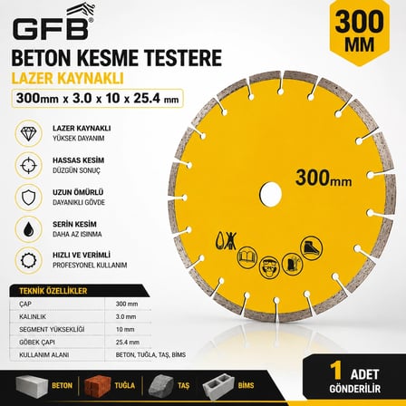 Beton Kesme Testeresi Lazer Kaynaklı Beton Tuğla Taş Bims Keser 300 X 3.0 X 10x25.4 mm