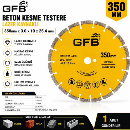 Beton Kesme Testeresi Lazer Kaynaklı Beton Tuğla Taş Bims Keser 350 X 3.0 X 10x25.4 mm