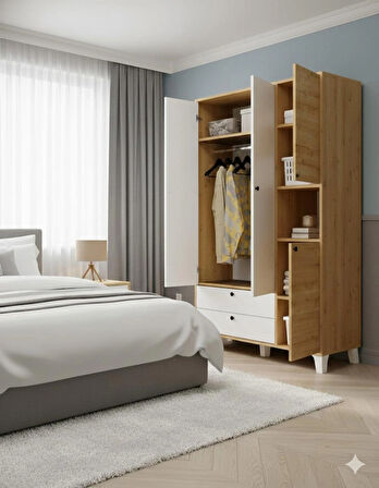 Kuzeylife 4 Kapaklı 6 Raflı Ekstra Derin Gardrop-52 cm Derinlik